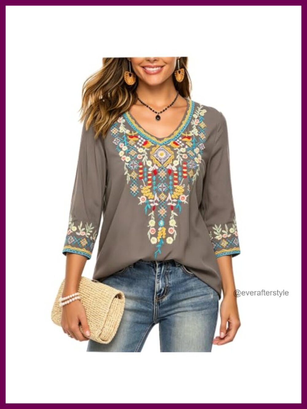 Embroidered Peasant Tunic Top 3/4 Sleeve V Neck Boho Blouse